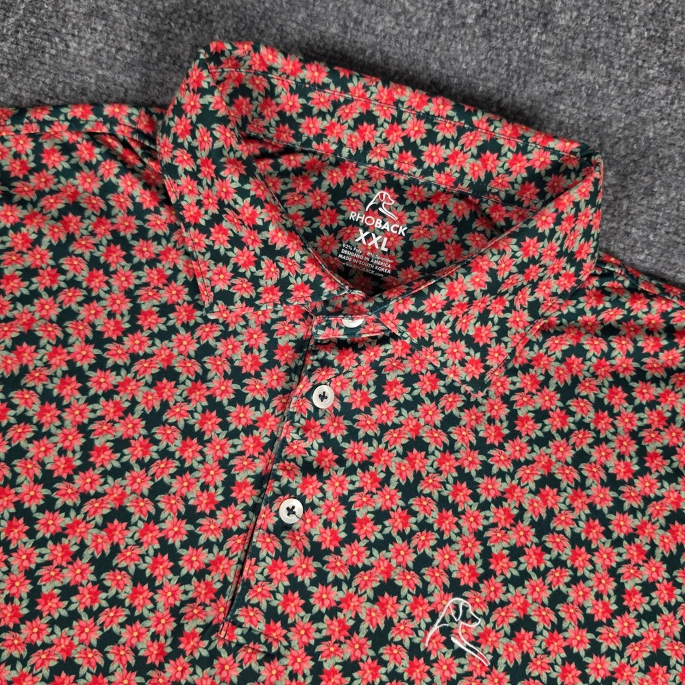Rhoback Pointsettia Polo Shirt Mens XXL Red Green Floral Christmas Performance